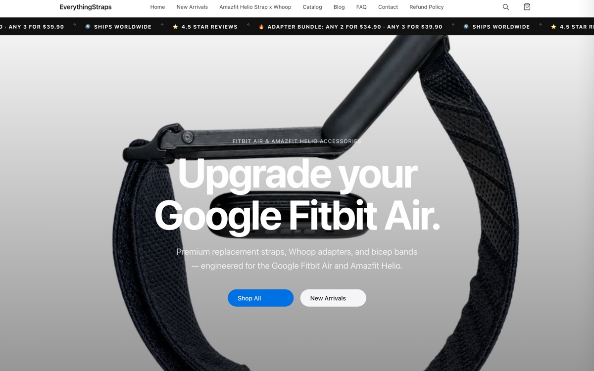 EverythingStraps homepage on desktop: Upgrade your Google Fitbit Air